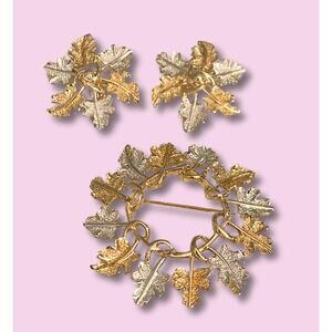 Sarah Coventry Golden and Silver Leaves on Circle Brooch and Earrings Set